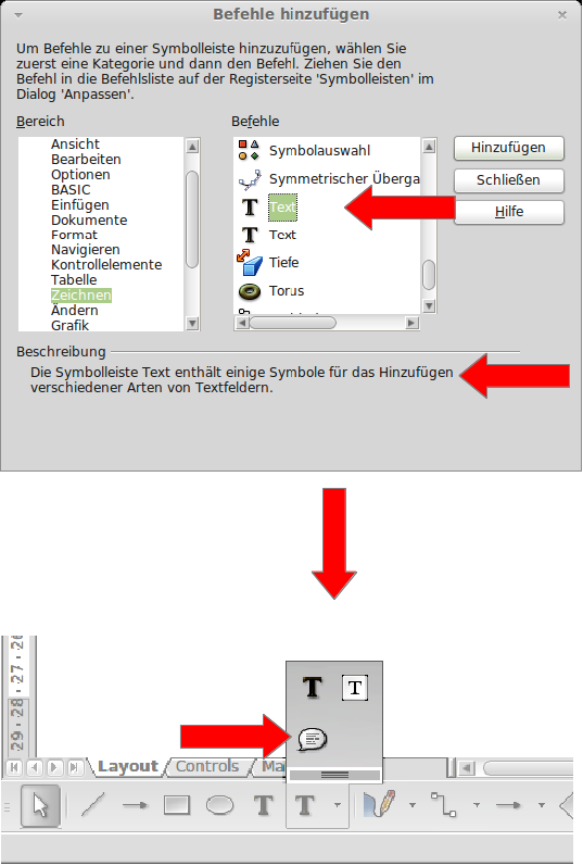 Befehle (zu Zeichenwerkzeugen) hinzufügen: Text (&quot;alte Version&quot;)<br />: