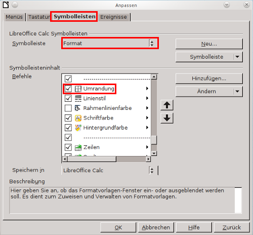 Extras → Anpassen… → Symbolleisten