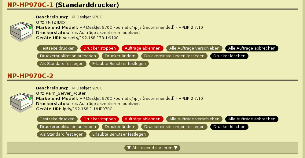CUPS Druckerliste